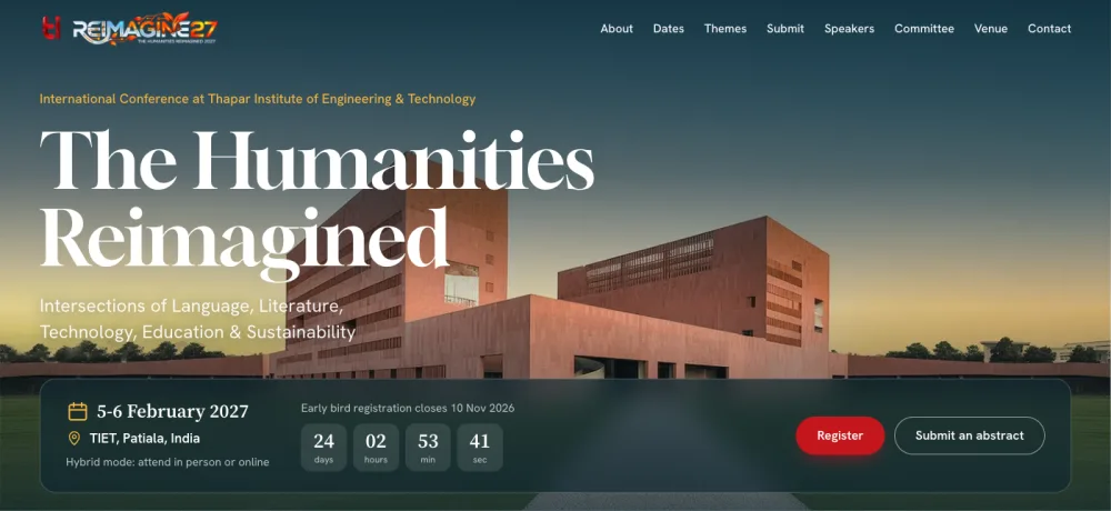 The REIMAGINE 27 site: The Humanities Reimagined over a photo of the Thapar campus, with the dates, a countdown and Register