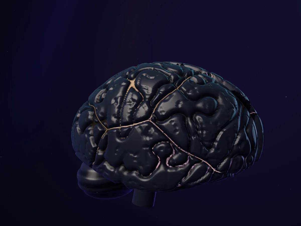 The neural sculpture, closed: a dark, brain-shaped form with thin lines of gold light along its seams